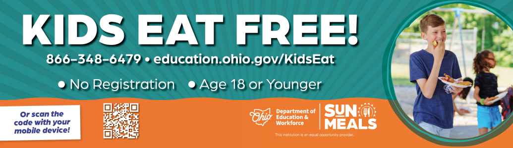 graphic for "kids eat free" with information about free meal programs in Ohio